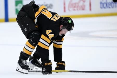 Boston Bruins center James Hagens (44) reacts after being hit by a shot during the second period against the Buffalo Sabres of game three of the first round of the 2026 Stanley Cup Playoffs at the TD Garden.
