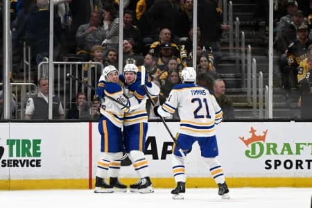 Buffalo Sabres center Noah Ostlund (86) celebrates after scoring a goal against the Boston Bruins during the third period of game three of the first round of the 2026 Stanley Cup Playoffs at the TD Garden.