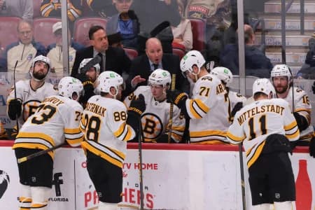 Boston Bruins assistant coach Steve Spott speaks to Boston Bruins right wing David Pastrnak (88) during a timeout against the Florida Panthers in the third period at Amerant Bank Arena.