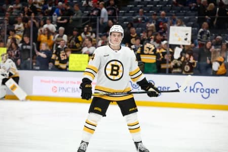 Boston Bruins center James Hagens (44) during pregame warmup against the Columbus Blue Jackets at Nationwide Arena.