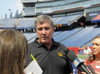 Boston Bruins president Cam Neely speaks to the media during a press conference for the Winter Classic hockey game at Gillette Stadium.