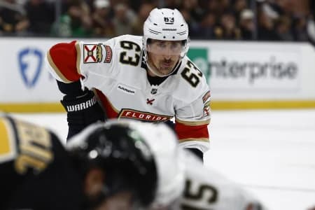Florida Panthers left wing Brad Marchand (63) waits for a faceoff against the Boston Bruins during the second period at TD Garden.