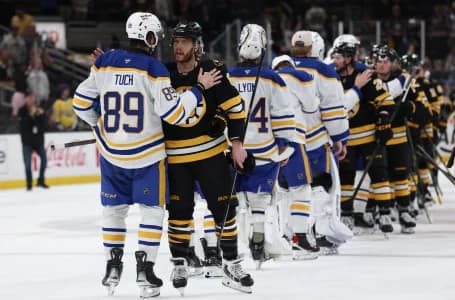Boston Bruins right wing David Pastrnak (88) congratulates Buffalo Sabres right wing Alex Tuch (89) after game six of the first round of the 2026 Stanley Cup Playoffs at TD Garden.