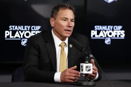 Vegas Golden Knights head coach Bruce Cassidy talks to media after their victory over the Winnipeg Jets in game three of the first round of the 2023 Stanley Cup Playoffs at Canada Life Centre.