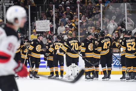 The Boston Bruins celebrate their win over the New Jersey Devils at TD Garden.