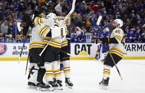 The Boston Bruins celebrate a win in overtime against the Buffalo Sabres in game five of the first round of the 2026 Stanley Cup Playoffs at KeyBank Center.
