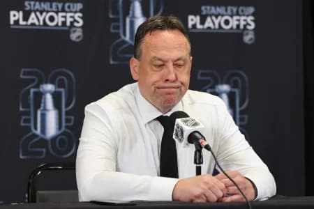 Boston Bruins head coach Marco Sturm looks down during a press conference following their 4-1 loss to the Buffalo Sabres in game six of the first round of the 2026 Stanley Cup Playoffs at TD Garden.