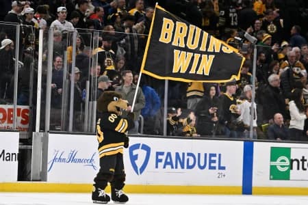 Boston Bruins mascot Blades celebrates the team's win over the Winnipeg Jets during at TD Garden.