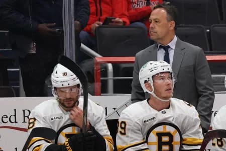 Boston Bruins head coach Marco Sturm looks on from behind the bench against the Washington Capitals during the first period at Capital One Arena.