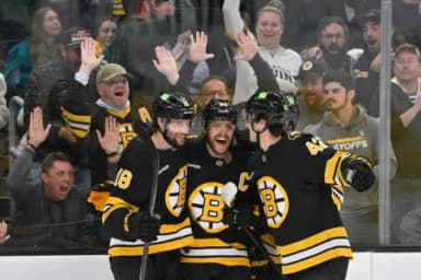 Boston Bruins right wing David Pastrnak (88) celebrates a goal against Alex Nedeljkovic (not pictured) with center Pavel Zacha (18) and defenseman Frederic Brunet (42) during the third period at TD Garden.