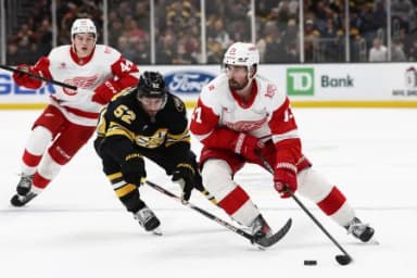 Detroit Red Wings center Dylan Larkin (71) goes around Boston Bruins center Sean Kuraly (52) during the third period at TD Garden.