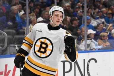 Boston Bruins center James Hagens (44) celebrates after scoring against the St. Louis Blues in the first period at Enterprise Center.