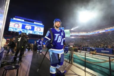 Tampa Bay Lightning right wing Nikita Kucherov (86) makes his way to the ice in the 2026 Stadium Series ice hockey game against the Boston Bruins at Raymond James Stadium.