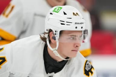 Boston Bruins center James Hagens (44) looks on against the Carolina Hurricanes during the third period at Lenovo Center.